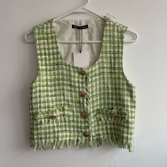 ZARA Green /White Cotton Tweed Vest Crop Top with Gold Tone Buttons Sz M NWT - Picture 3 of 11